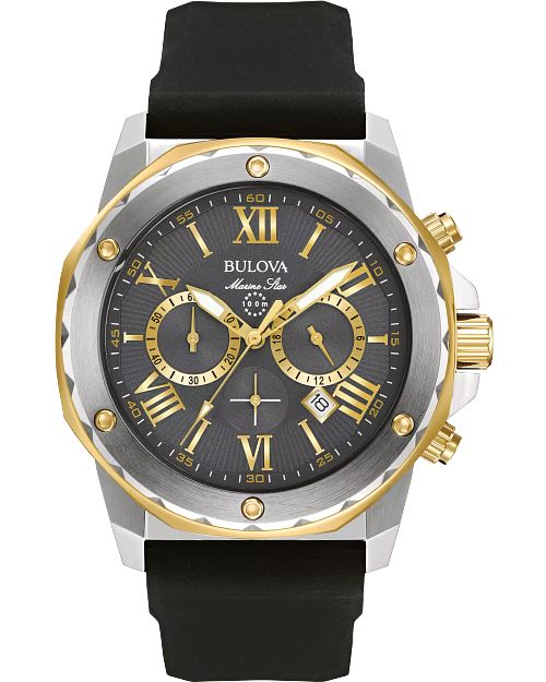 Bulova Marine Star Men's Grey Dial Chronograph Black Strap Watch